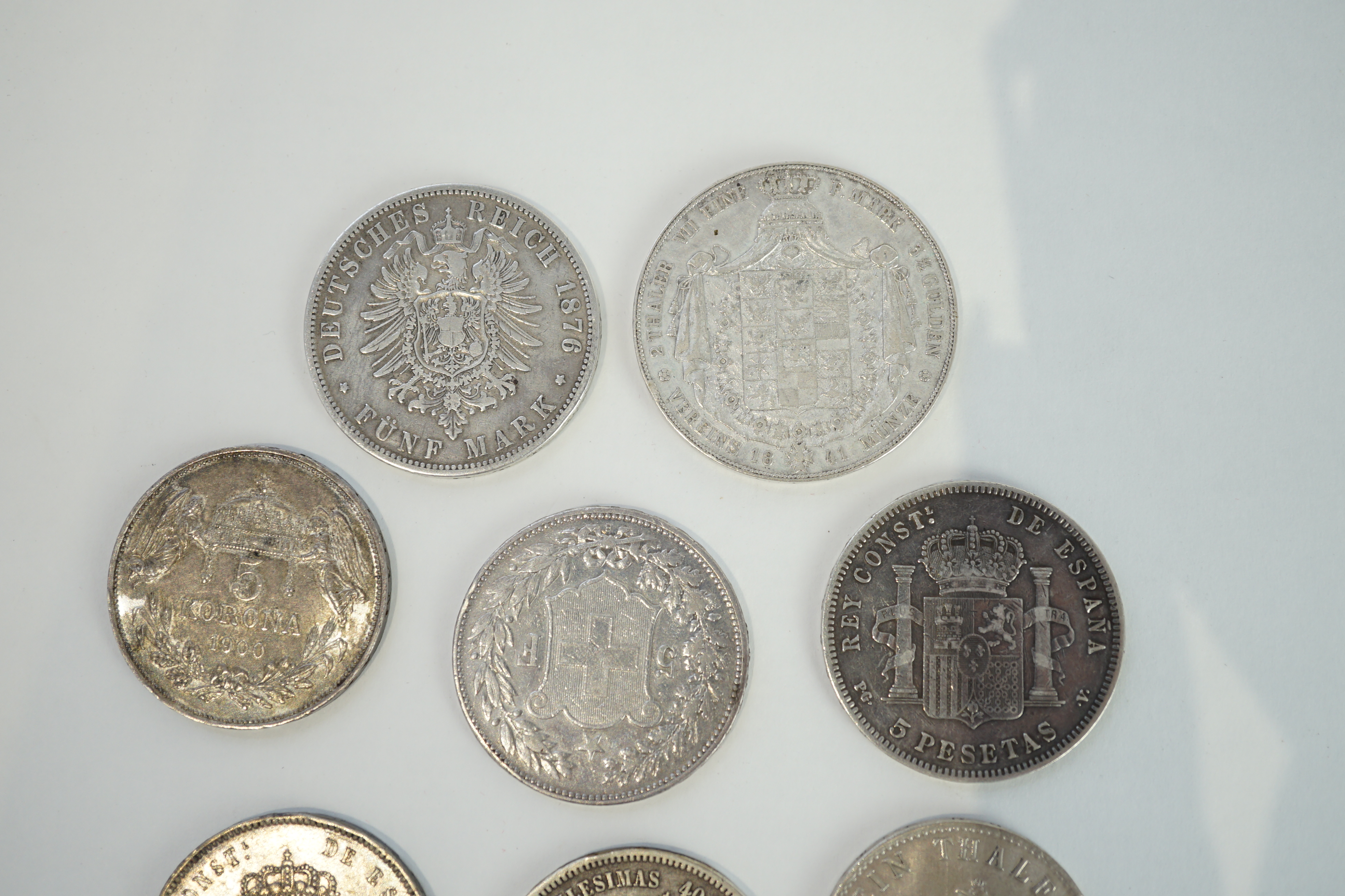 European coins, 18th - 20th century, including German states – Prussia, 1817A one Thaler, 1841A five marks, 1876B five marks, Switzerland, 1890 five francs, Austrian empire, 1900KB five korona, Spain 1871 five pesetas, 1